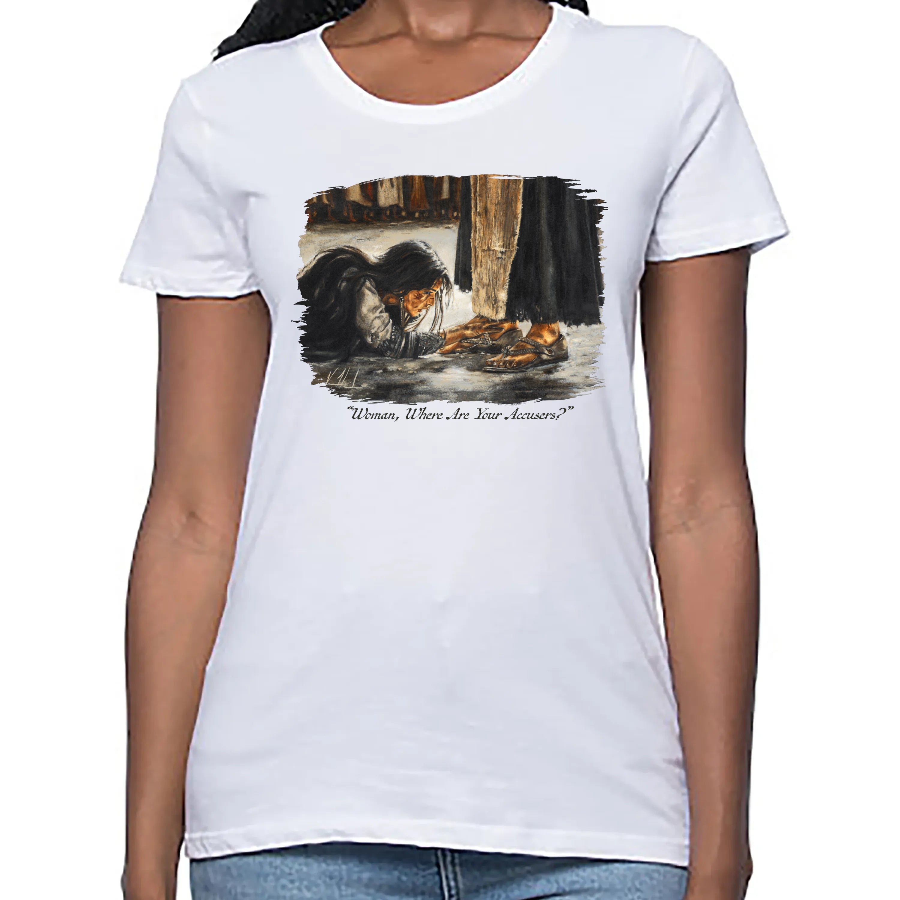 "Woman, Where Are Your Accusers?" - Women's T (Organic Bamboo) Vanessa Horabuena Short Sleeve Frost (White) XS