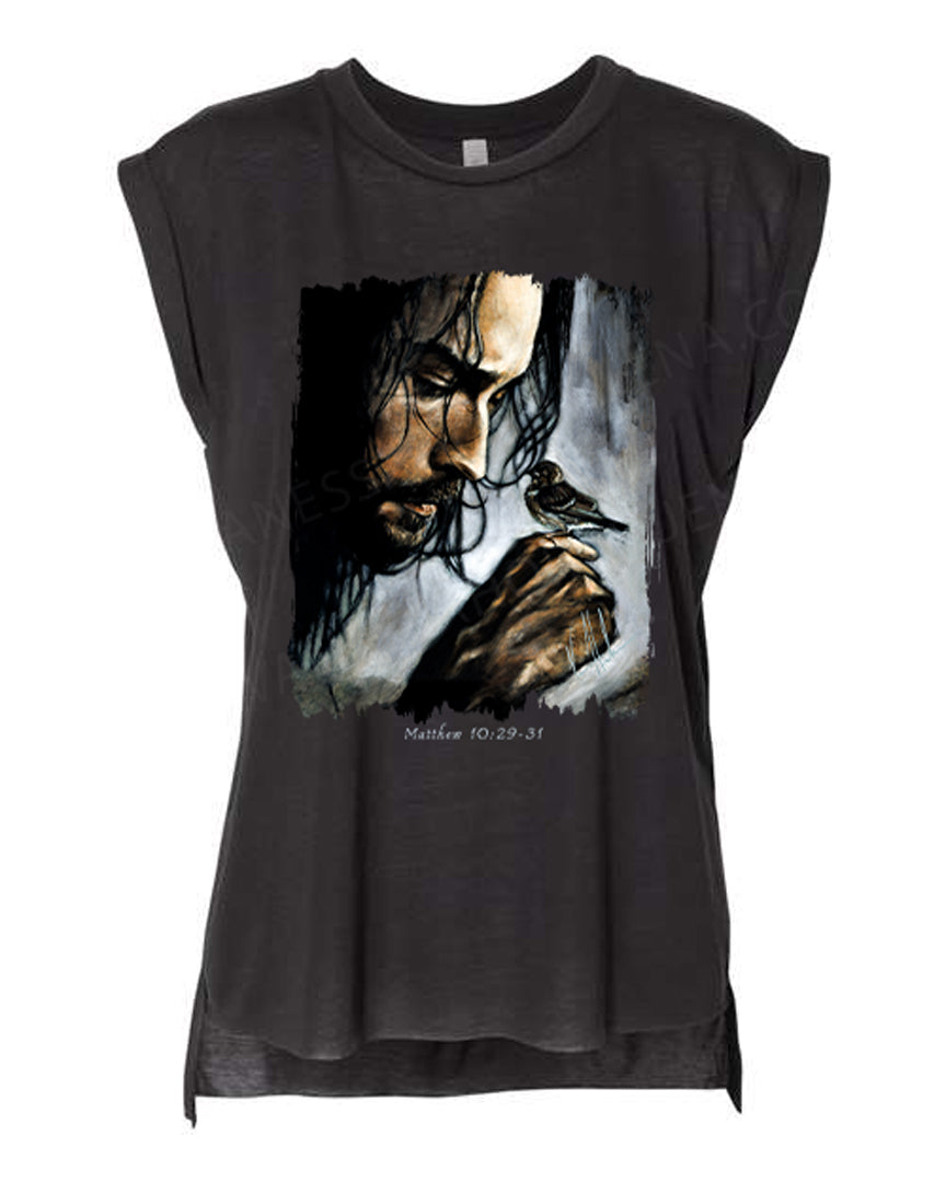 Watcher of the Sparrow - Ladies Rolled Sleeve Muscle T-Shirt Vanessa Horabuena Black Small