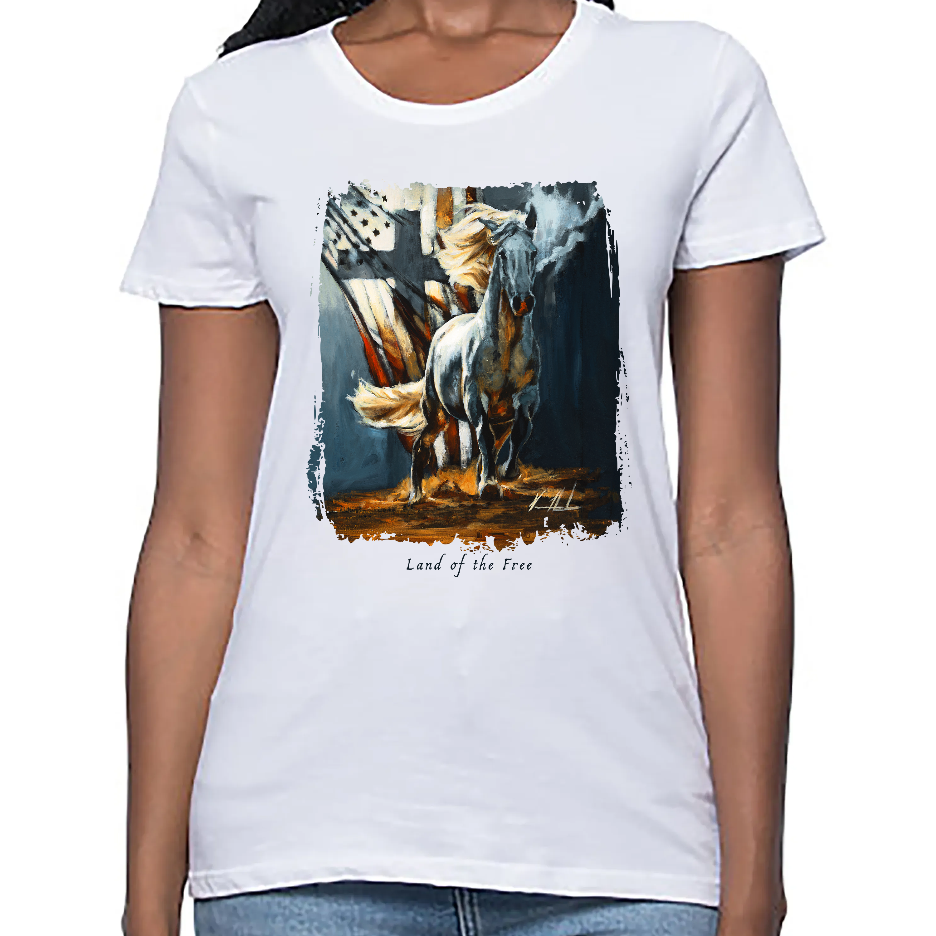 Women's T Organic Bamboo - Land of the Free - 4th of July Organic Bamboo Vanessa Horabuena Short Sleeve Frost (White) XS