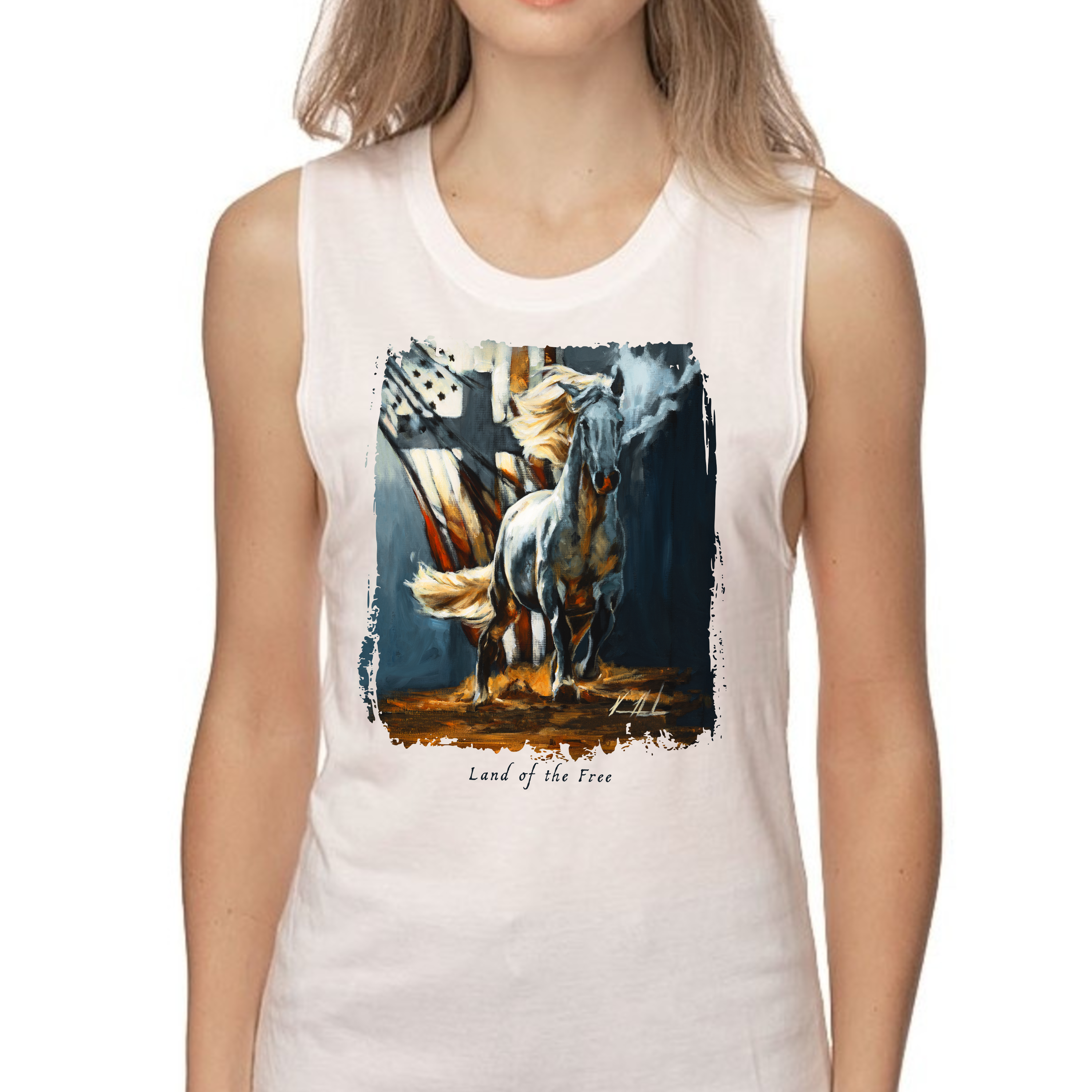 Women's Tank Top (Organic Bamboo) - Land of the Free - 4th of July Organic Bamboo Vanessa Horabuena Short Sleeve Frost (White) XS