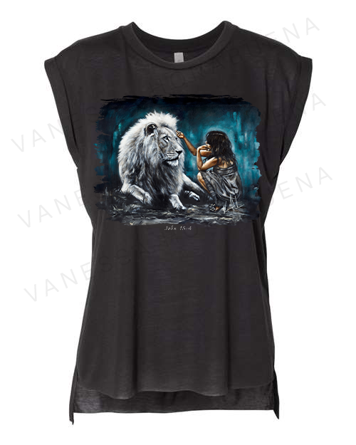Intimacy with God (Blue Background) - Ladies Rolled Sleeve Muscle T-Shirt Vanessa Horabuena Black Small