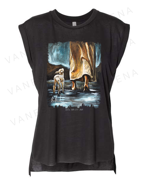 CLEARANCE - My Sheep Listen to My Voice - Ladies Rolled Sleeve Muscle T-Shirt Poly-Blend Vanessa Horabuena Black S